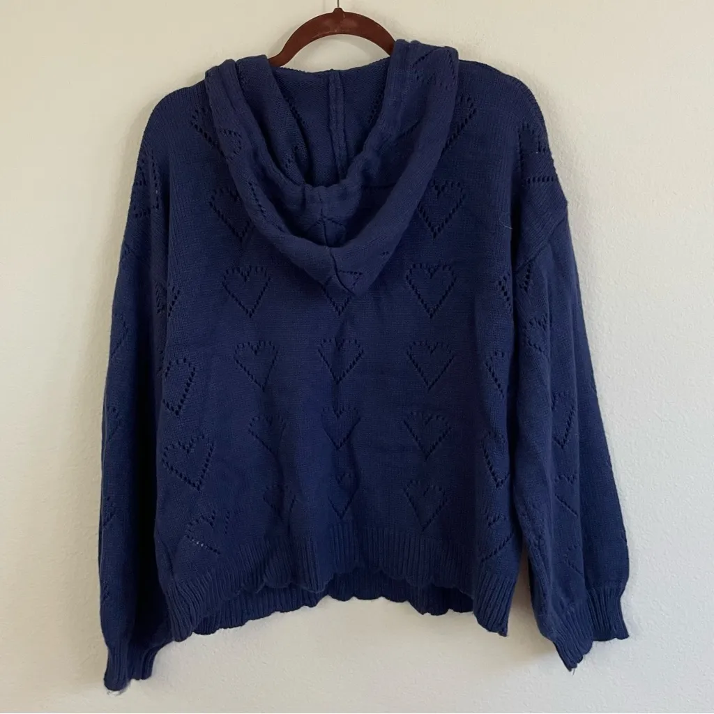 &Merci Navy Heart Knit V-Neck Hoodie Sweater Size M - Image 5