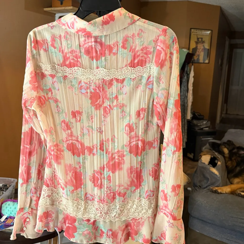 Free People Floral Ruffle Blouse - Pink and Cream NWT Boho Hippy Casual size S - Image 12