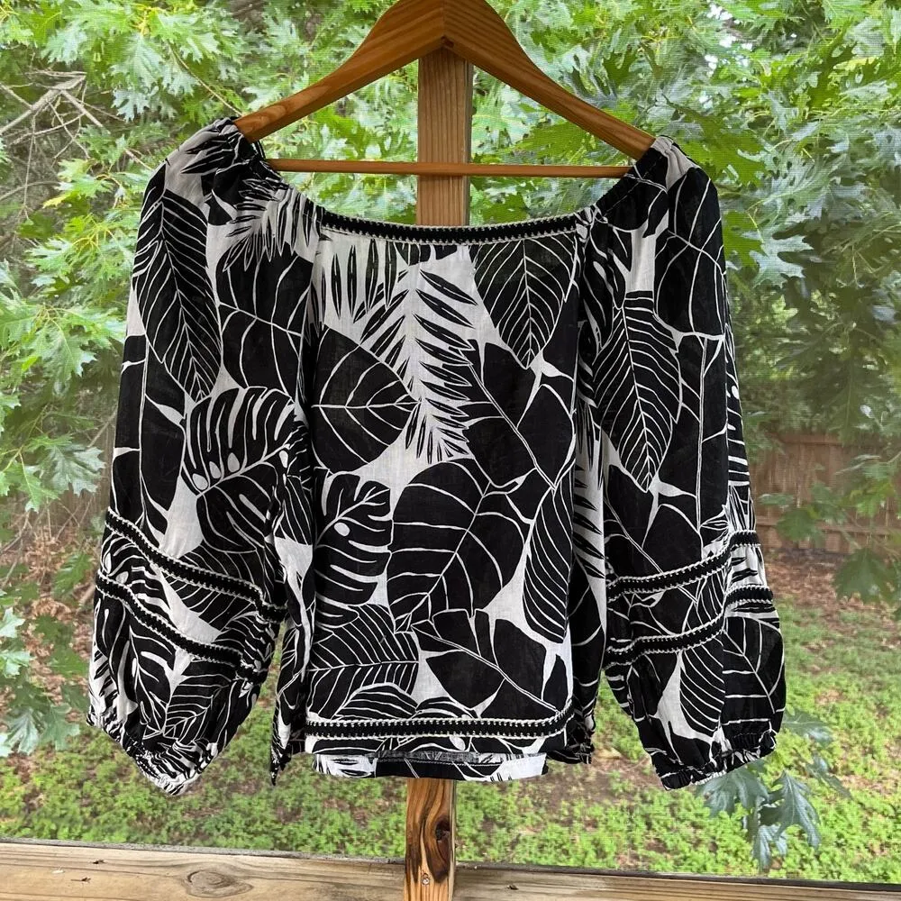 Cynthia Rowley Black And White Botanical Print 100% Linen Blouse Size L. NEW - Image 2