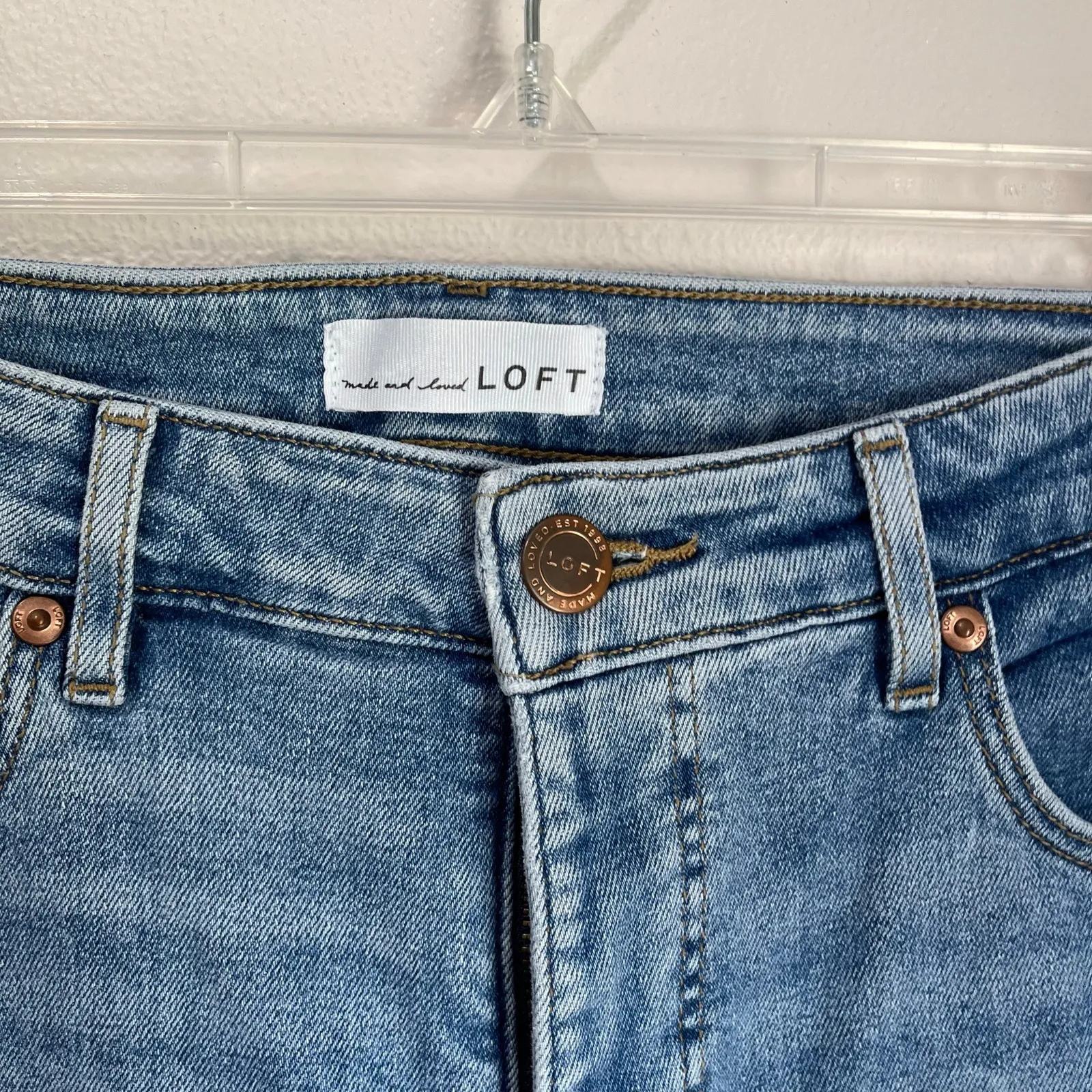 Loft Curvy High Rise Flare Crop Blue Jeans Raw Hem Stretch Denim Sz 30/10 - Image 7