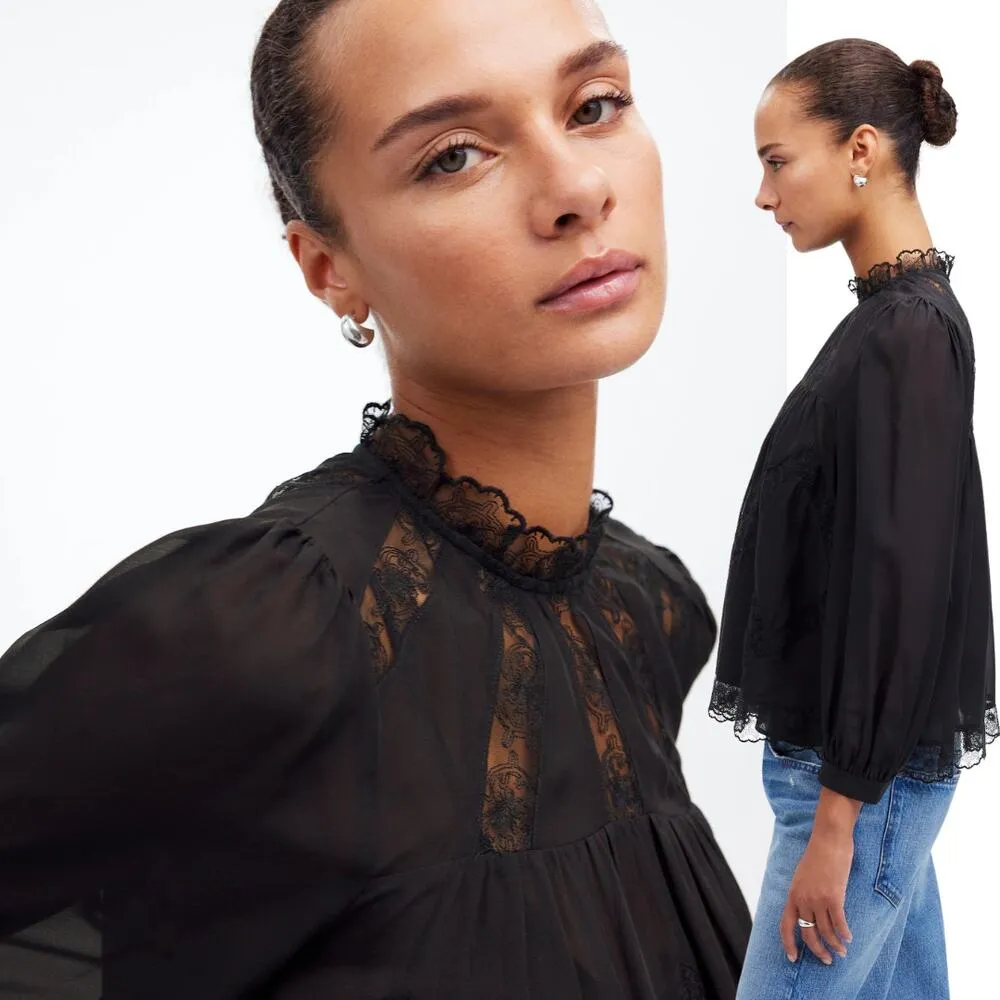 NEW Madewell Lace-Inset Top in Silk True Black Medium Dainty Coquette $168.00 - Image 3