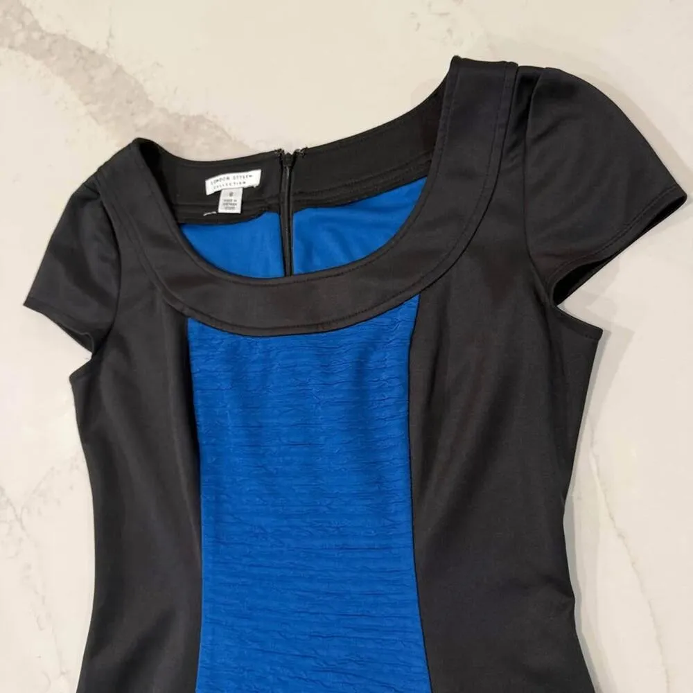 London Style CapSleeve Sheath Mini Dress Womens 6 Black/Blue Wavy Stretch Career - Image 3