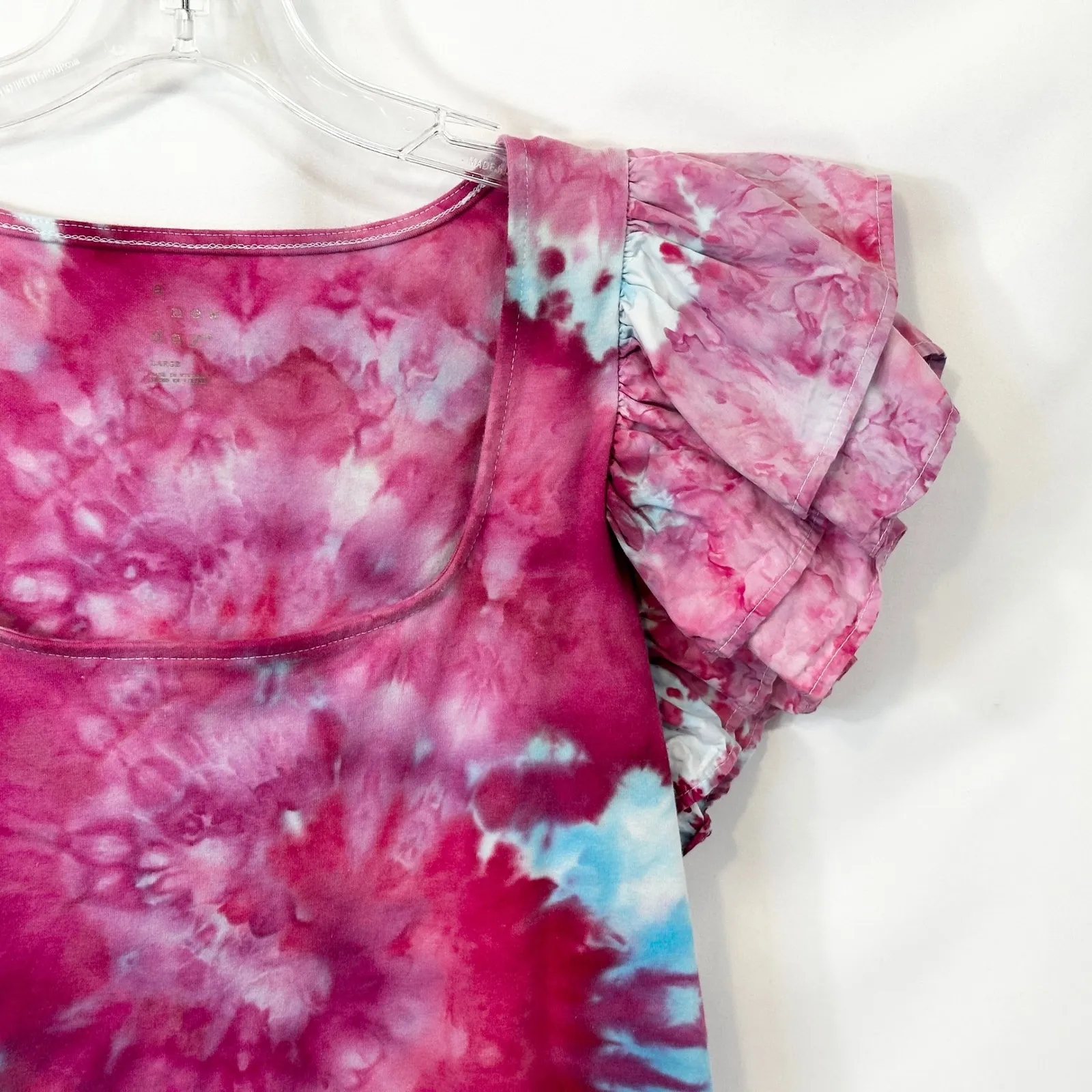 A New Day Large Top Handmade Tie Dye Ruffle Sleeve‎ Crop Pink Blue Artsy 1743 - Image 5