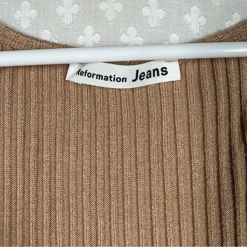 Reformation Tan Ribbed Square Neck‎ Short Sleeve Top - Image 3