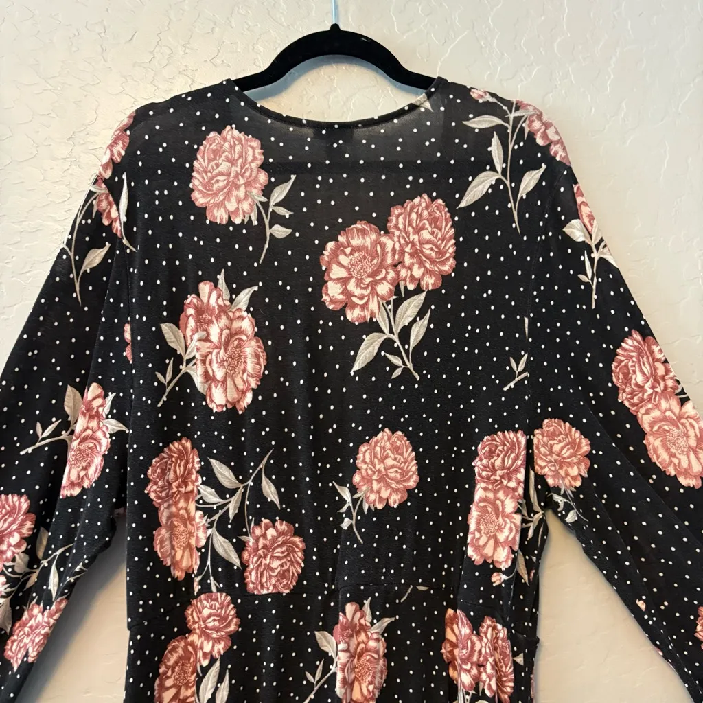 Torrid black and pink rose floral polka dot print jersey faux wrap dress size 2 - Image 14