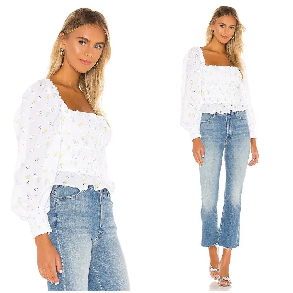 💕FOR LOVE & LEMONS💕 Azalea Smocked Cropped Top ~ White FLoral Print Medium - Image 5