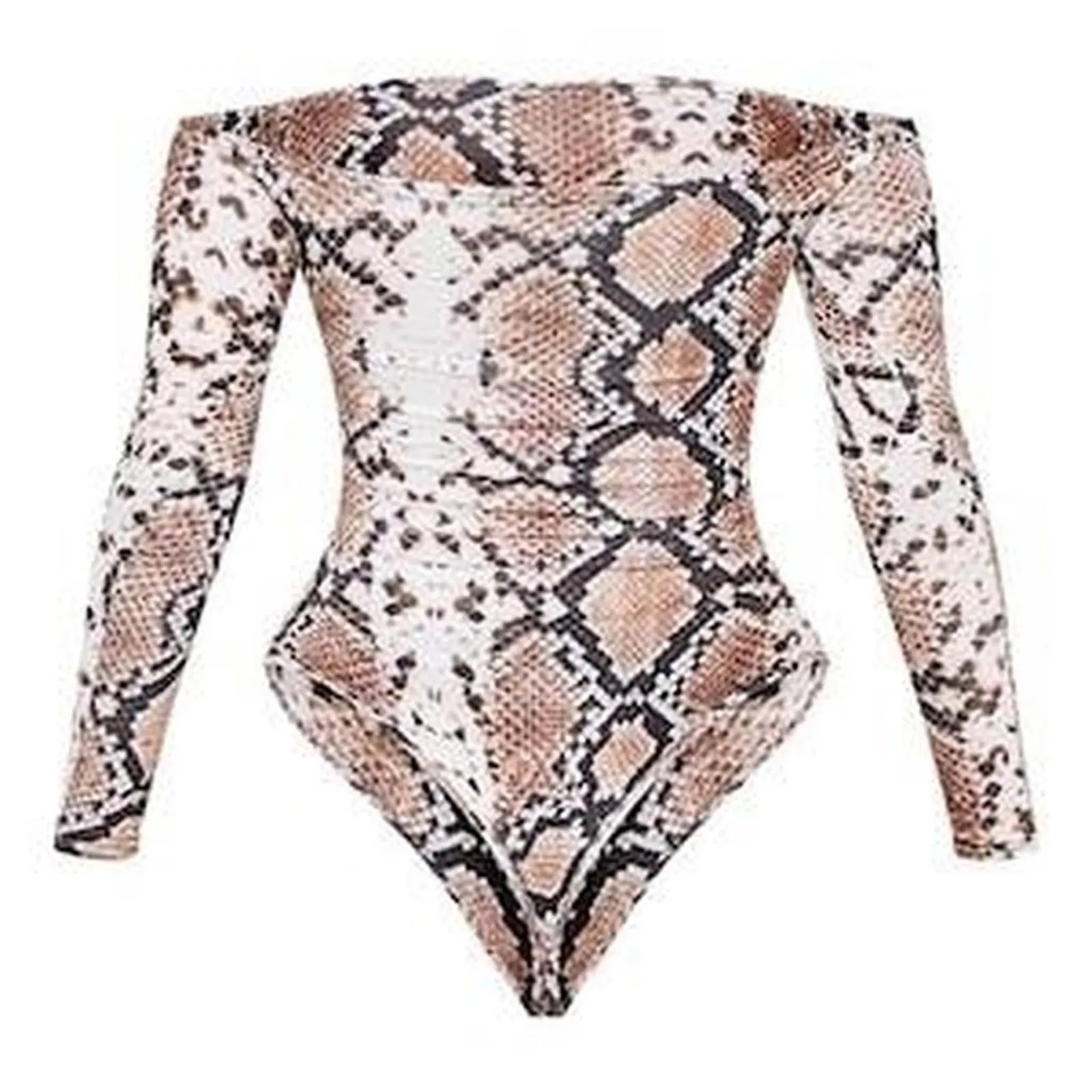 PrettyLittleThing Snake Print Bardot Off Shoulder Thong Bodysuit Long Sleeve Sz6 - Image 2