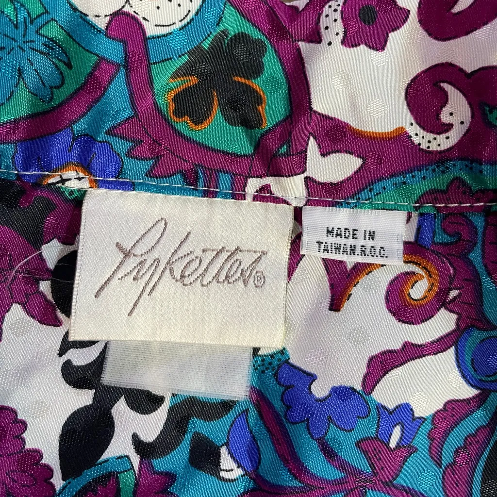 Vintage 70s 80s Pykettes Abstract Floral Pleated Button Up Blouse 💚🎀 Purple Size L - Image 10