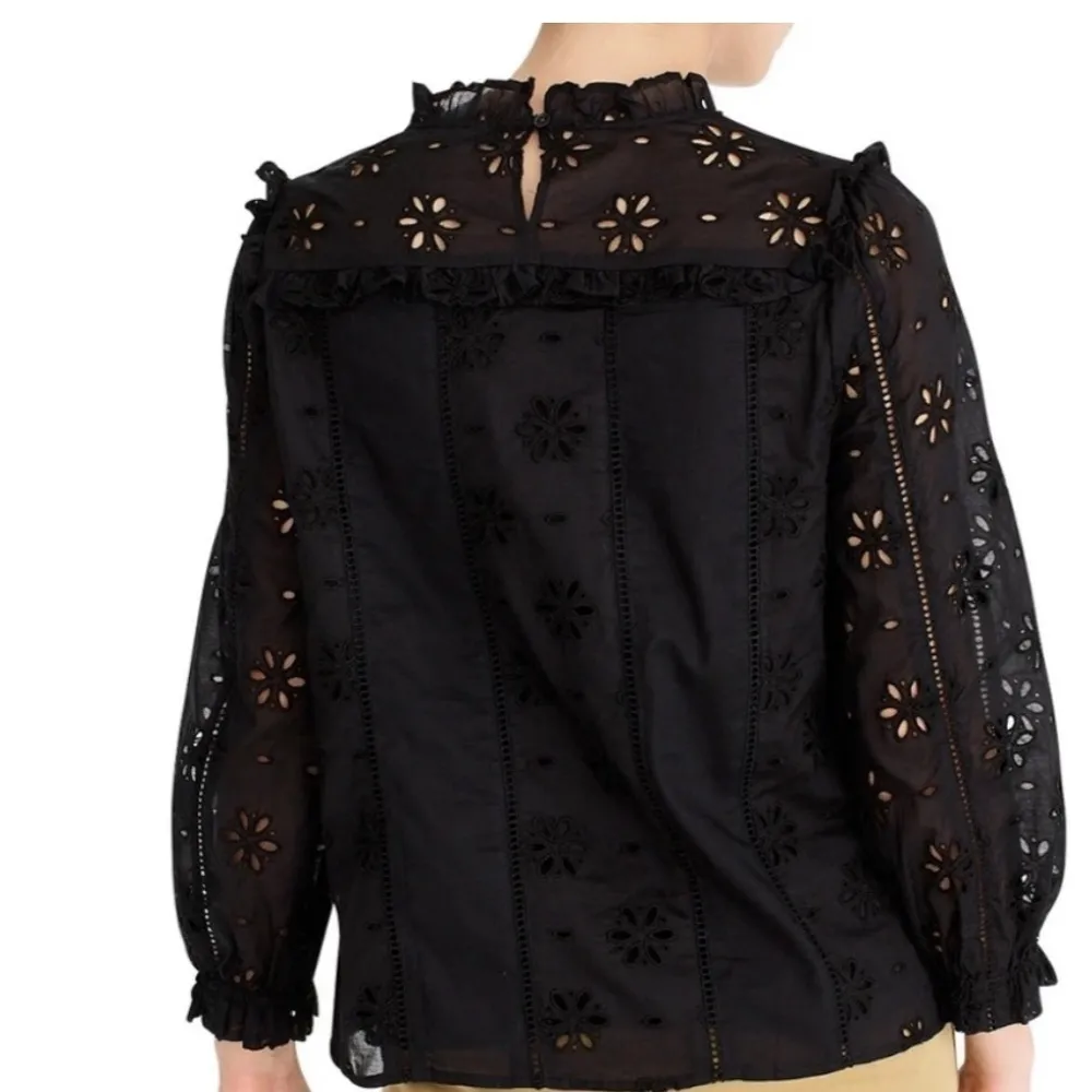 J.Crew Black Ruffle Neck Peasant Long Sleeve Eyelet Top - Image 9