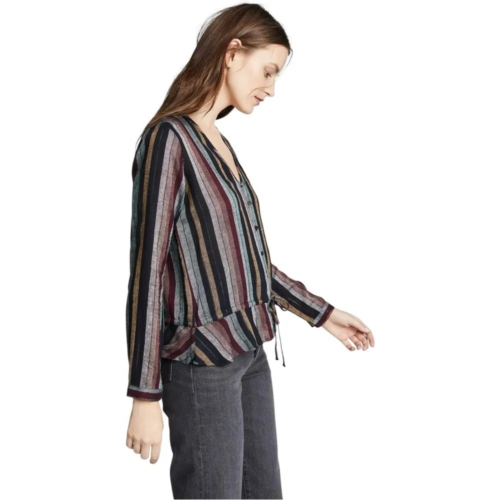 RAILS Beaux Blouse Varadero Striped Button Front Metallic Thread Peplum‎ Top SM - Image 4