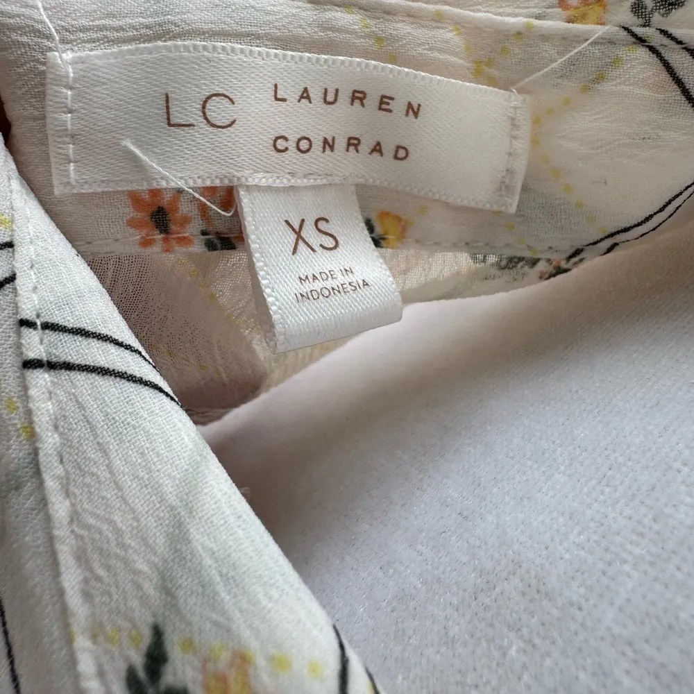 Lauren Conrad White Yellow Floral Sheer Tie Neck Pleated Long Sleeve Blouse XS - Image 6