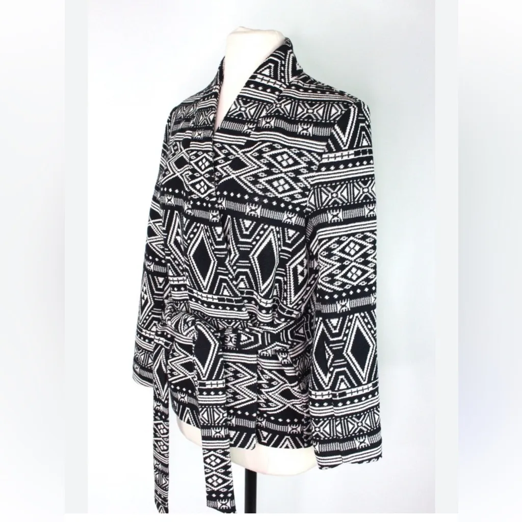 H&M Conscious Womens Black White Belted Tribal Aztec Sweater Coat size 12 - Image 2