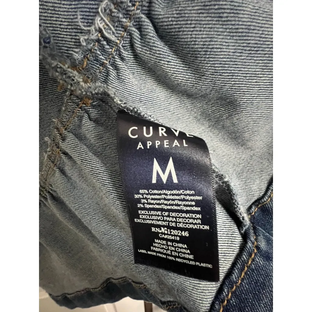 Curve Appeal Medium Wash Stretchy Fitted Button Up Peplum Denim Jacket Blue - Image 6