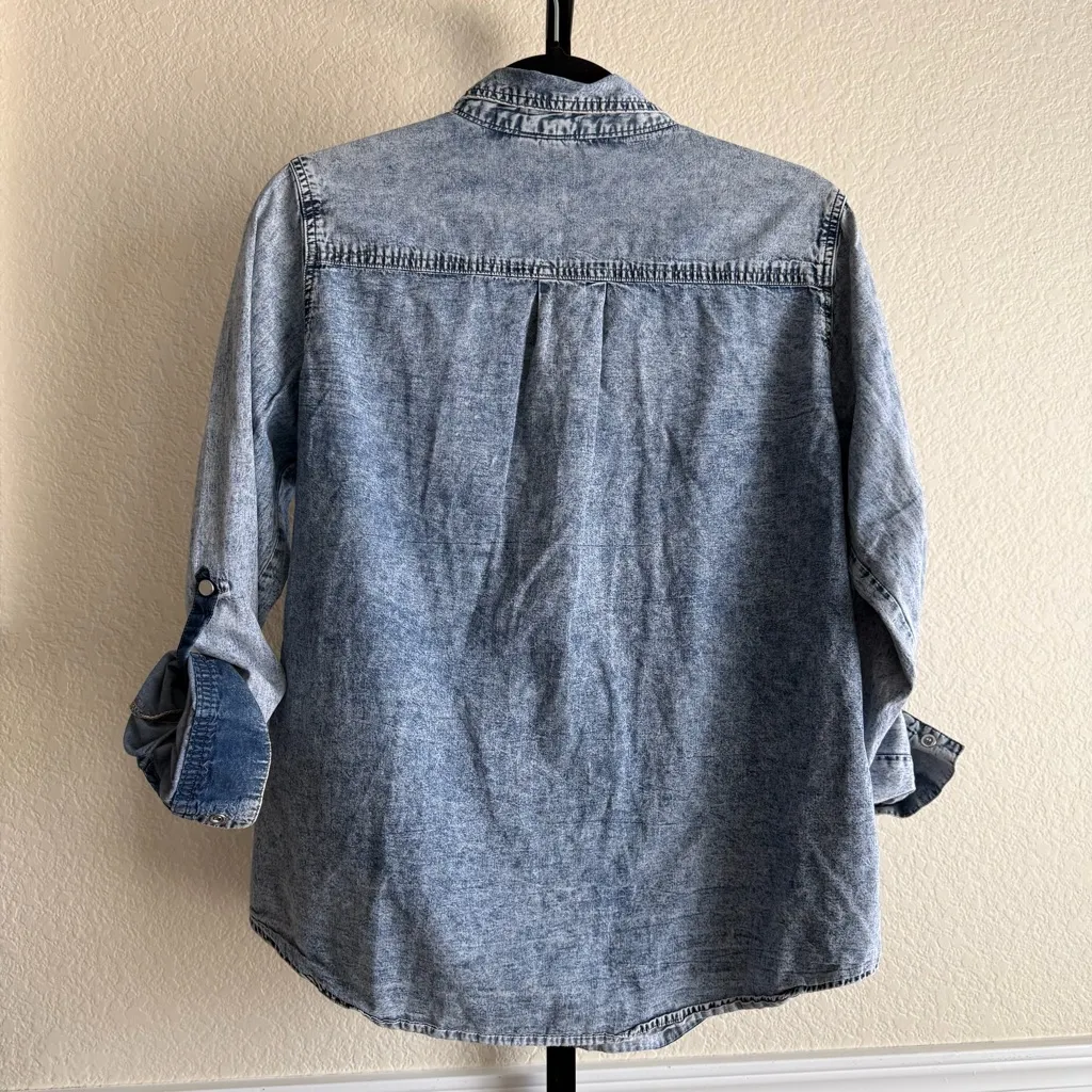 Passport Acid Wash Denim Button Front Western Shirt Long Sleeve Size Large Blue - Image 2