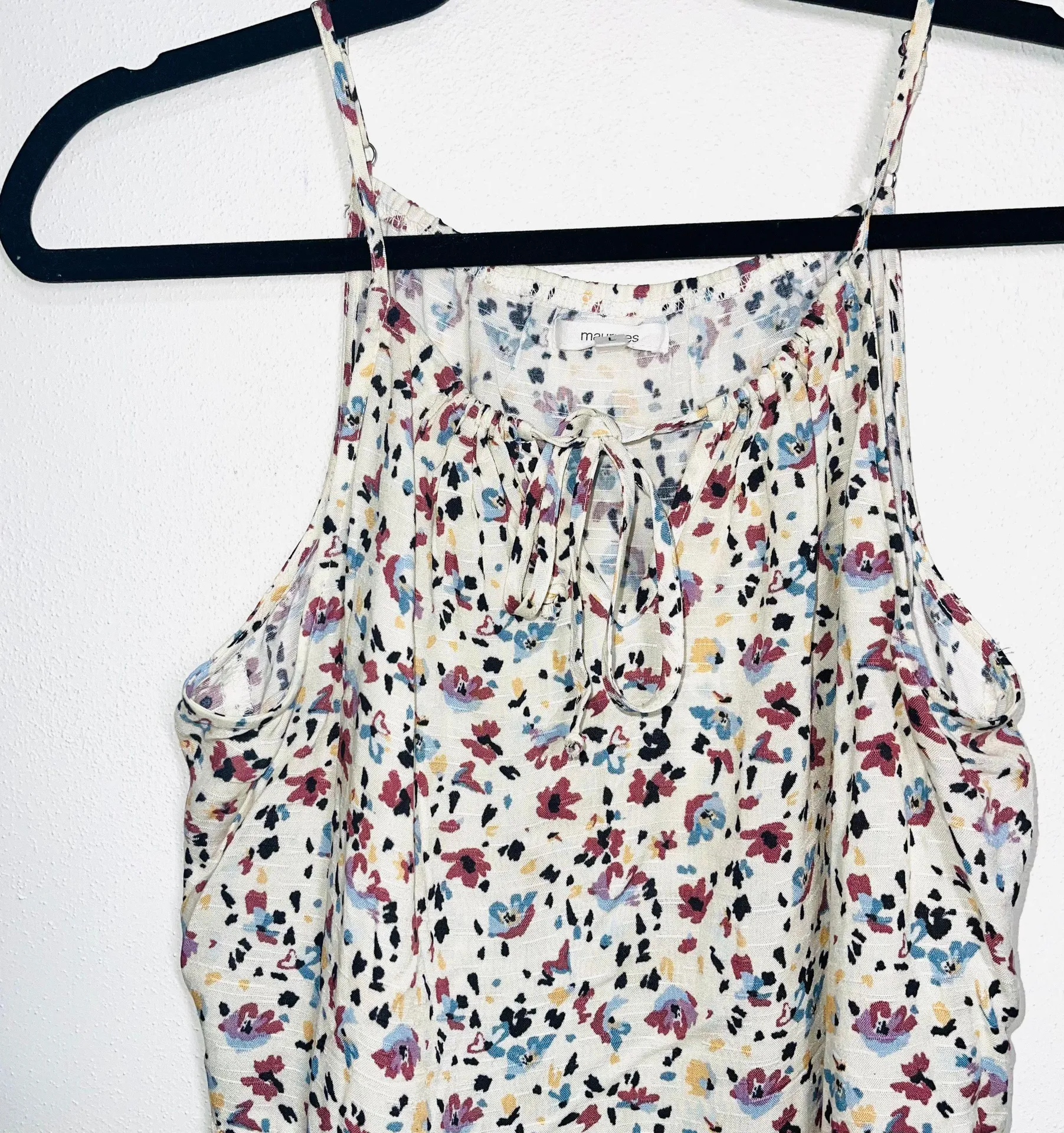 Maurices Cream Multicolor Floral Print Tie Neck Peplum Tank Top - Image 4