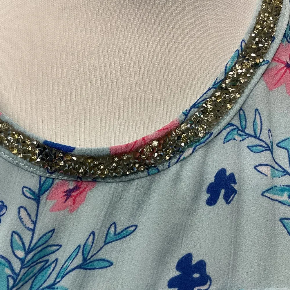 Juicy Couture Blue Floral Ruffle Rhinestone Jewel Neck Blouse Size M‎ Vintage - Image 13