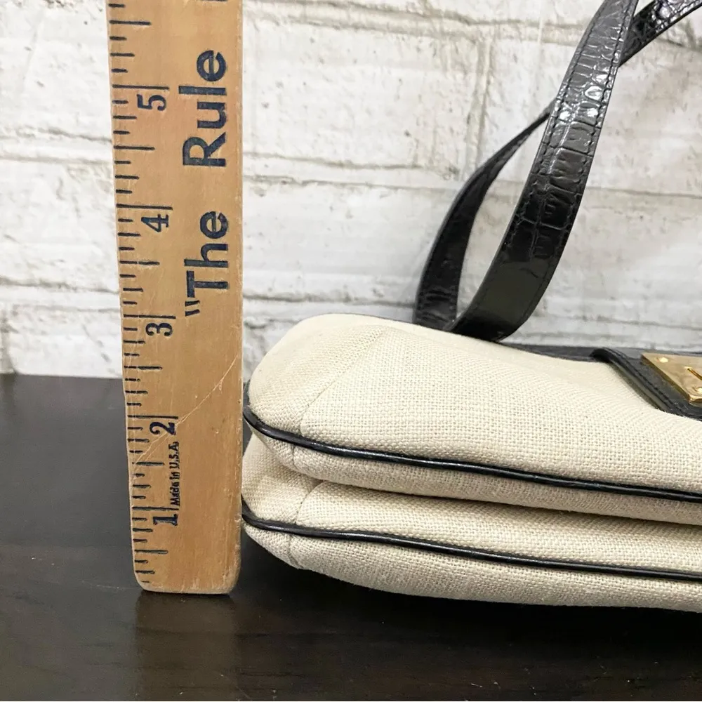 Lauren  Black Croc Leather Beige Canvas Gold Turnlock Shoulder Bag - Image 10