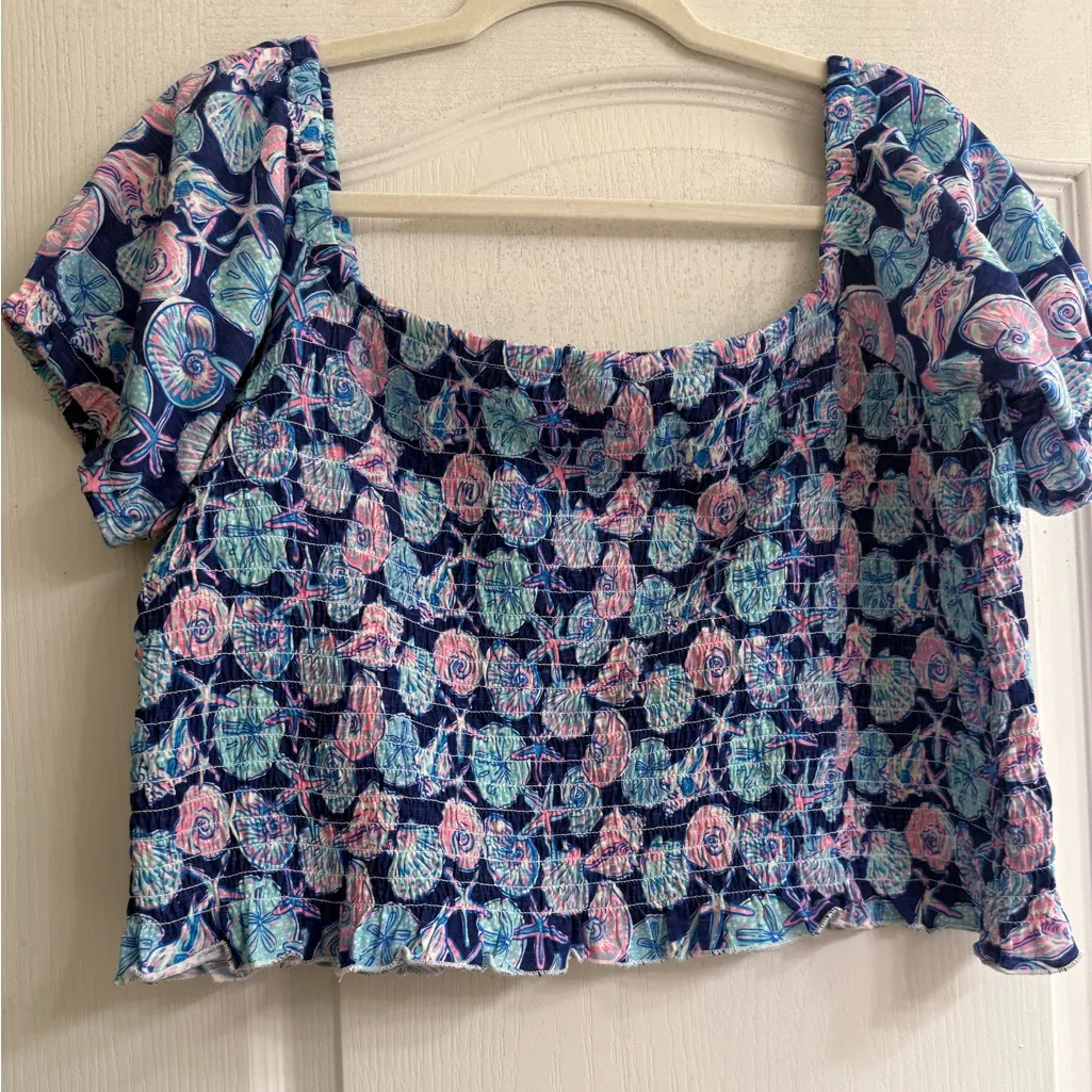 Simply Southern Blue Pink Seashell Shirred Smocked Blouse Crop Top - size XXL - Image 4