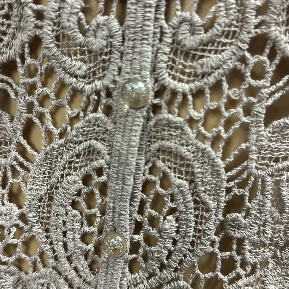 Questions by Say What Tan Crochet Knit Gem Button Down Half Sleeve Top Womens S - Image 6