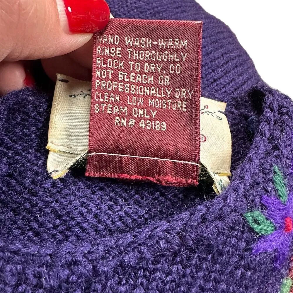Vintage Susan Bristol Hand Embroidered Wool Sweater Purple Floral Size 34 Small - Image 7