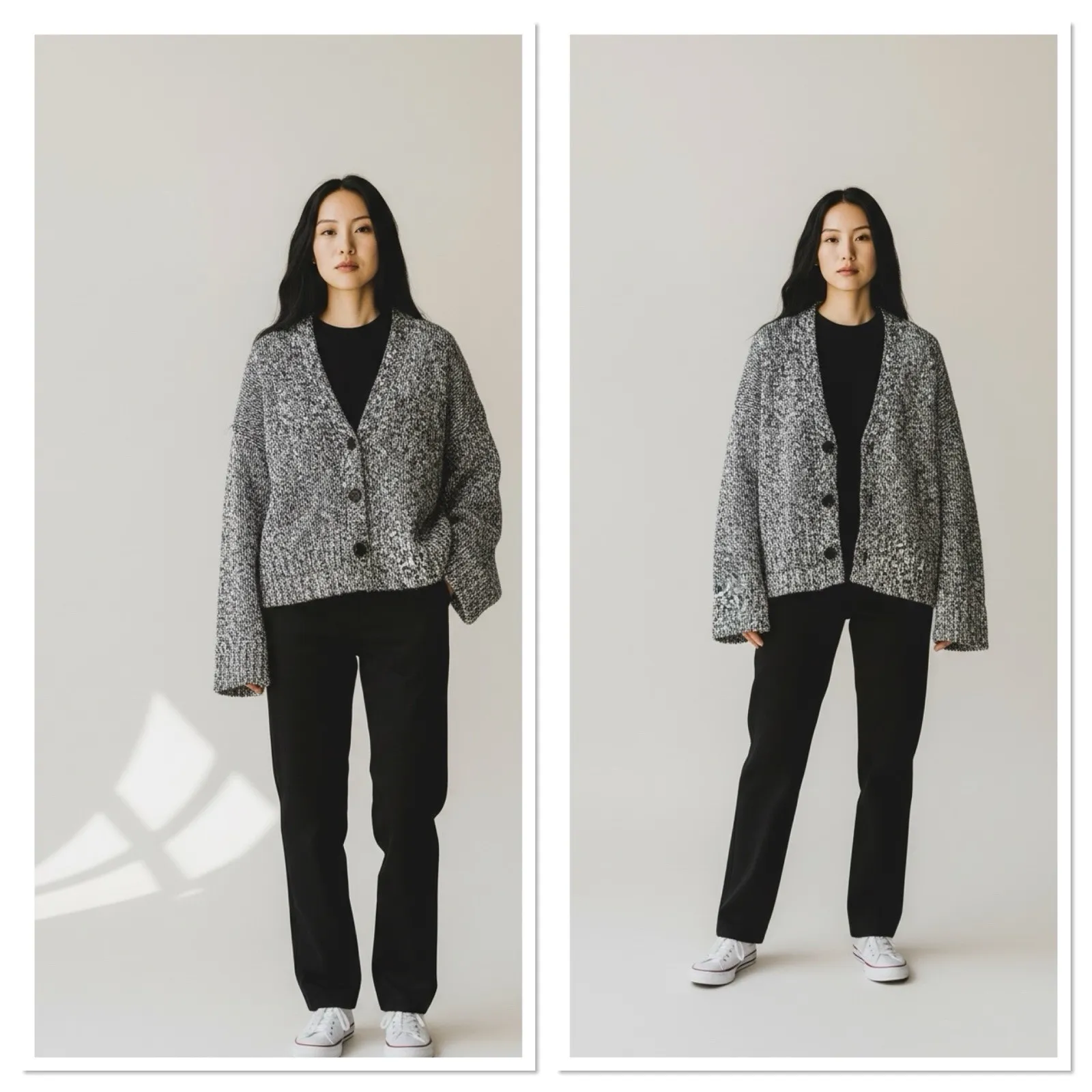 Frame Oversized Marled Chunky Knit Cardigan Size Large Gray Black Sweater Button - Image 2