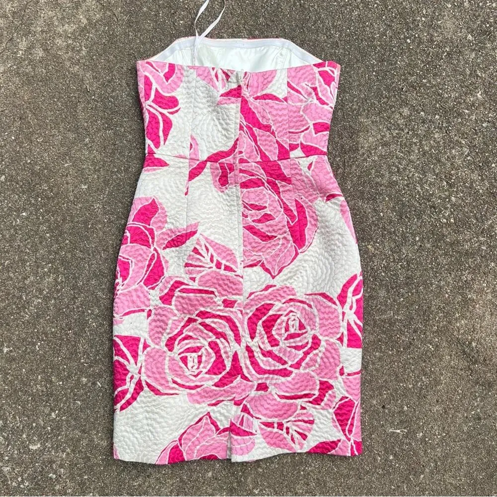 Lilly Pulitzer Pink White Strapless Silk Blend Sheath Dress Brocade Jacquard 6 - Image 2