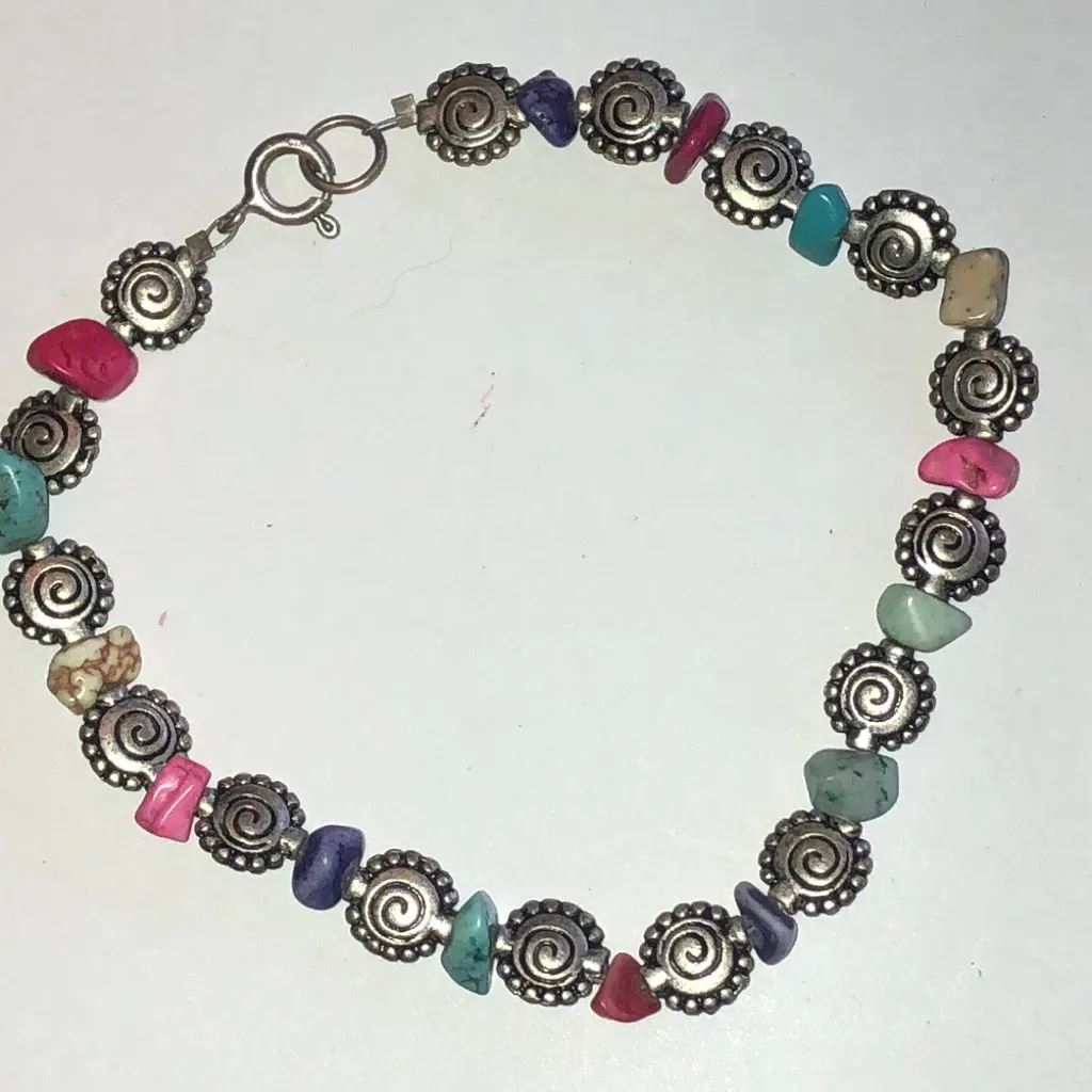 925 Sterling Silver Multicolor Semi Precious Stone Beaded Boho Ankle Bracelet Pink - Image 3