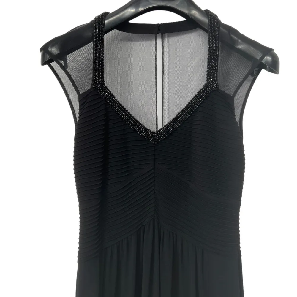 Calvin Klein Black Beaded Pleated Bodice Mesh Illusion Cap Sleeve Long Dress 4 - Image 3