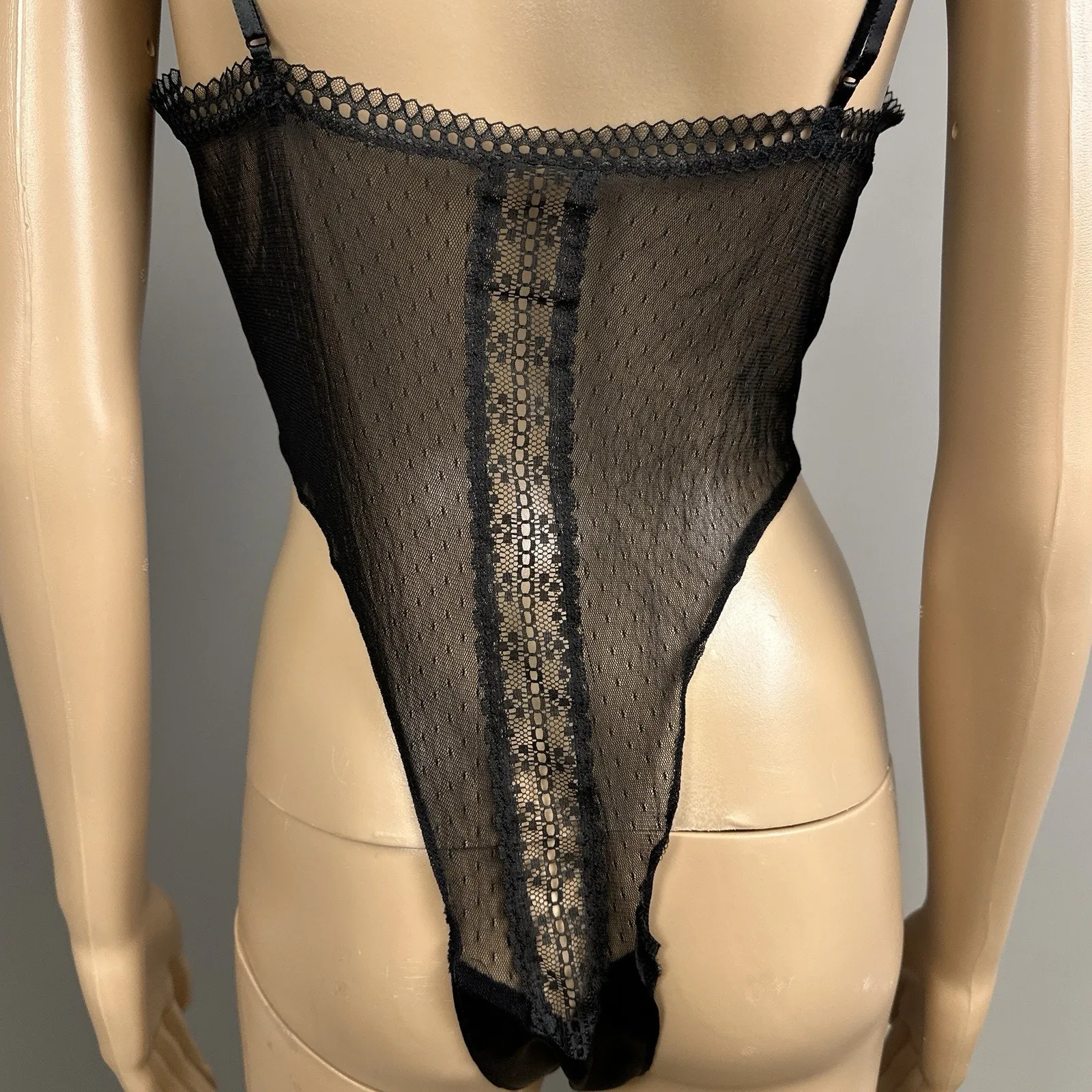 Vintage Monique Teddy Size Medium Satin Velvet Ribbons High Cut Leg USA Bodysuit Black - Image 9