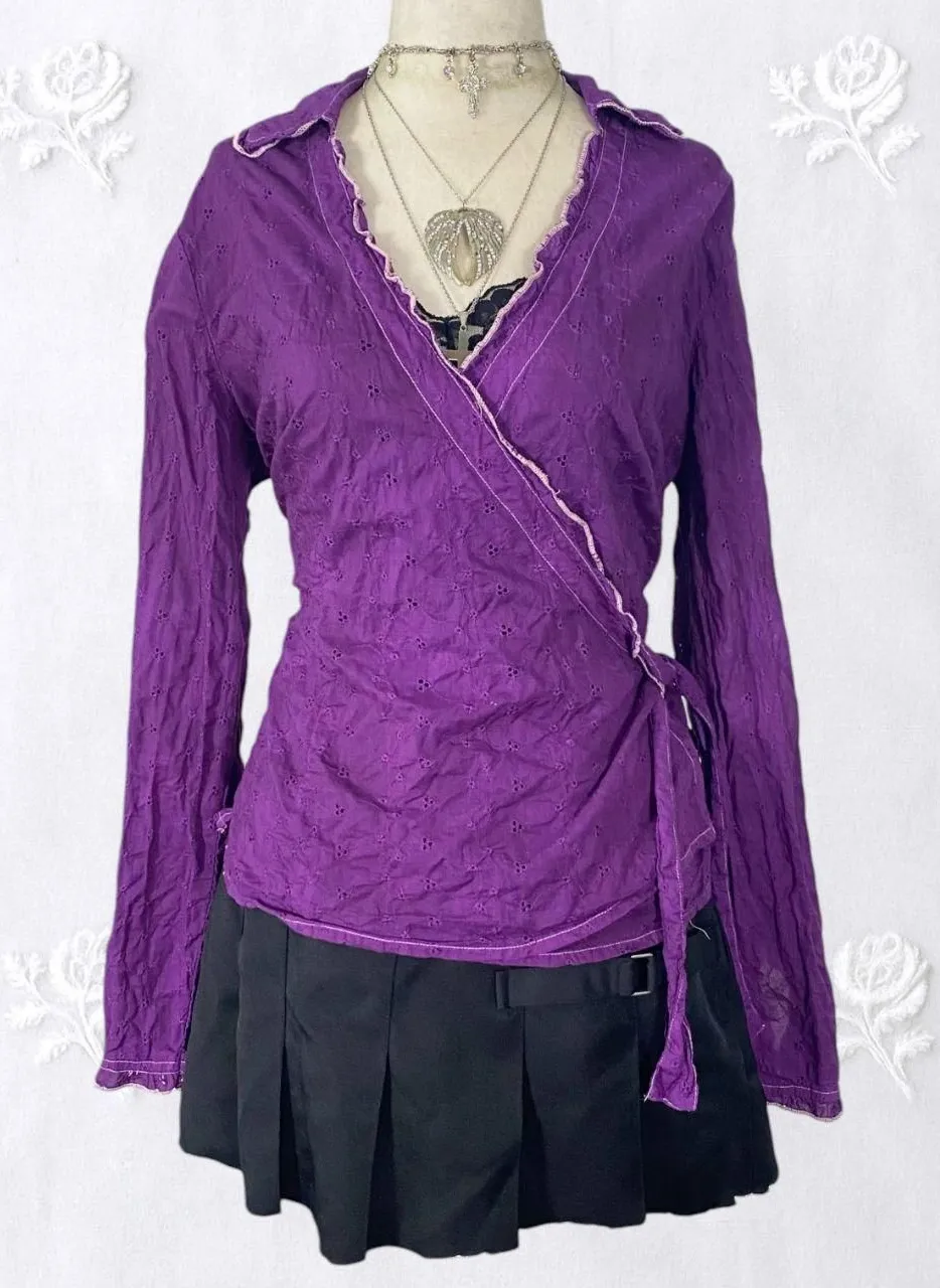 White Stag Whimsygoth Front Tie Purple Berry Pink Cotton Lace Wrap Blouse Top L - Image 1