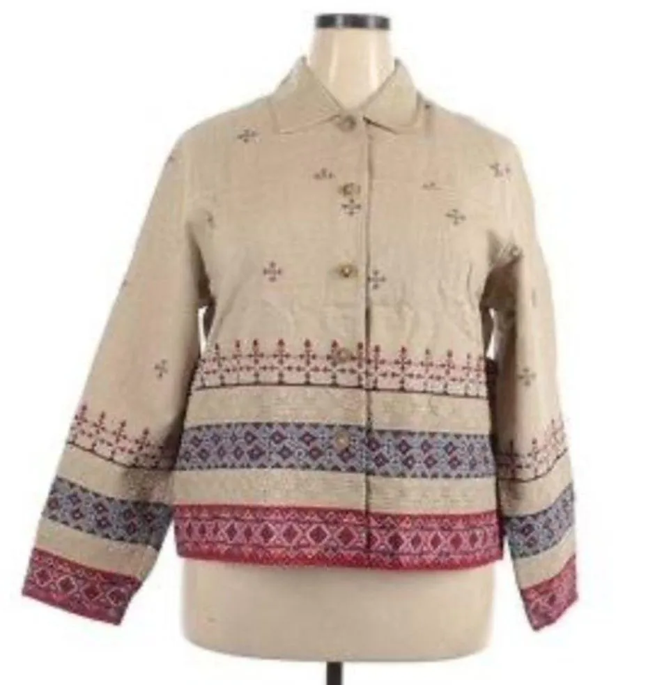 COLDWATER CREEK Beige Tan Red Blue Cross Stitch Linen Etc Shacket Jacket Medium - Image 2