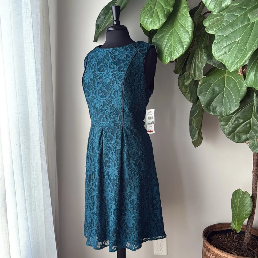 S.L. Fashions Teal Lace Sleeveless High Neck Fit/Flare Blue Size 16 - Image 8