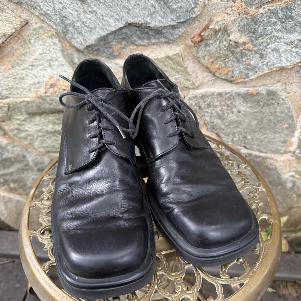 Vintage Italian Leather Box Trot Square Toe Platform Wedge Black Lace Up Shoes Size 9.5 - Image 3