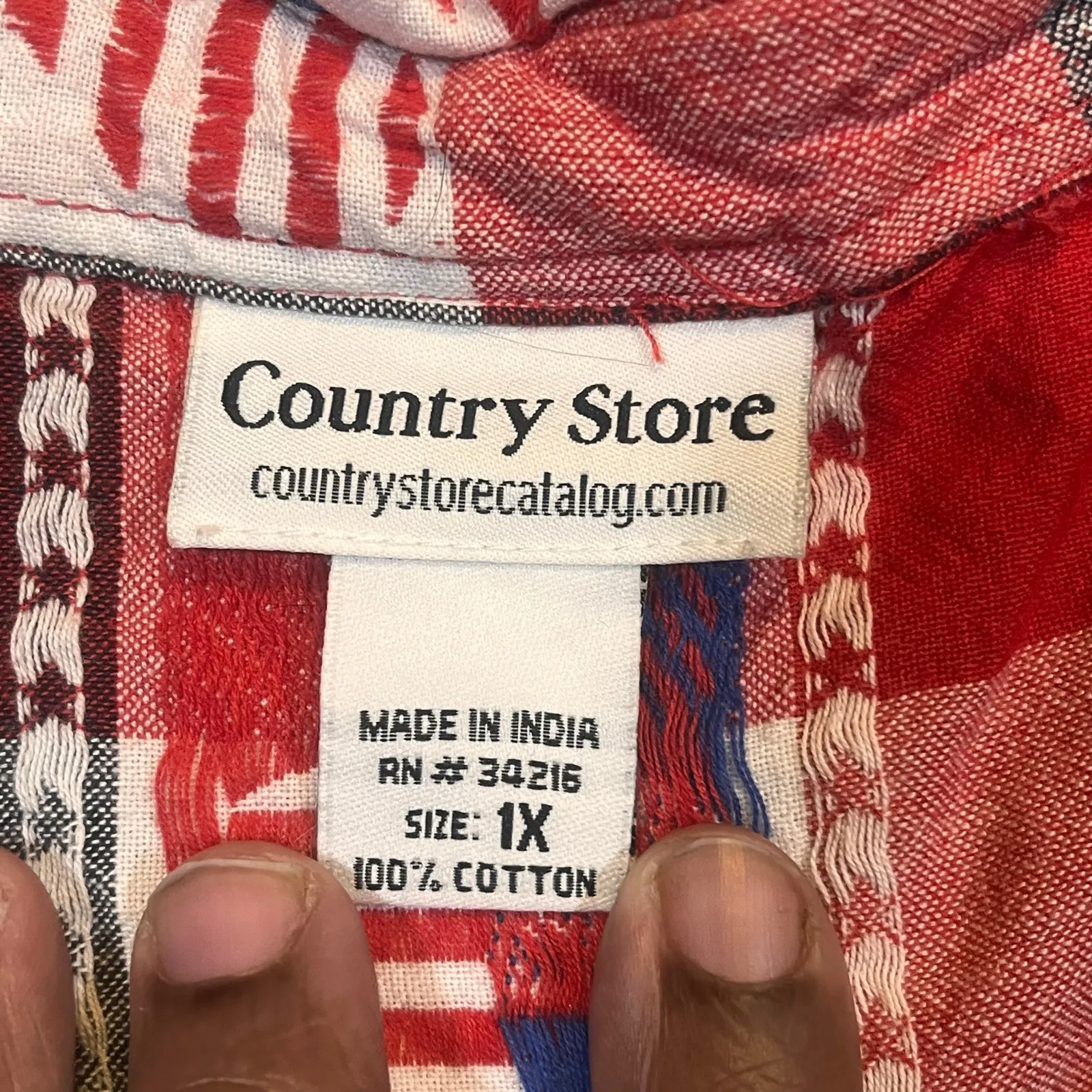 Country Store 1X Plaid Patriotic Shirt Red White Blue Heart Print Cotton Top - Image 2
