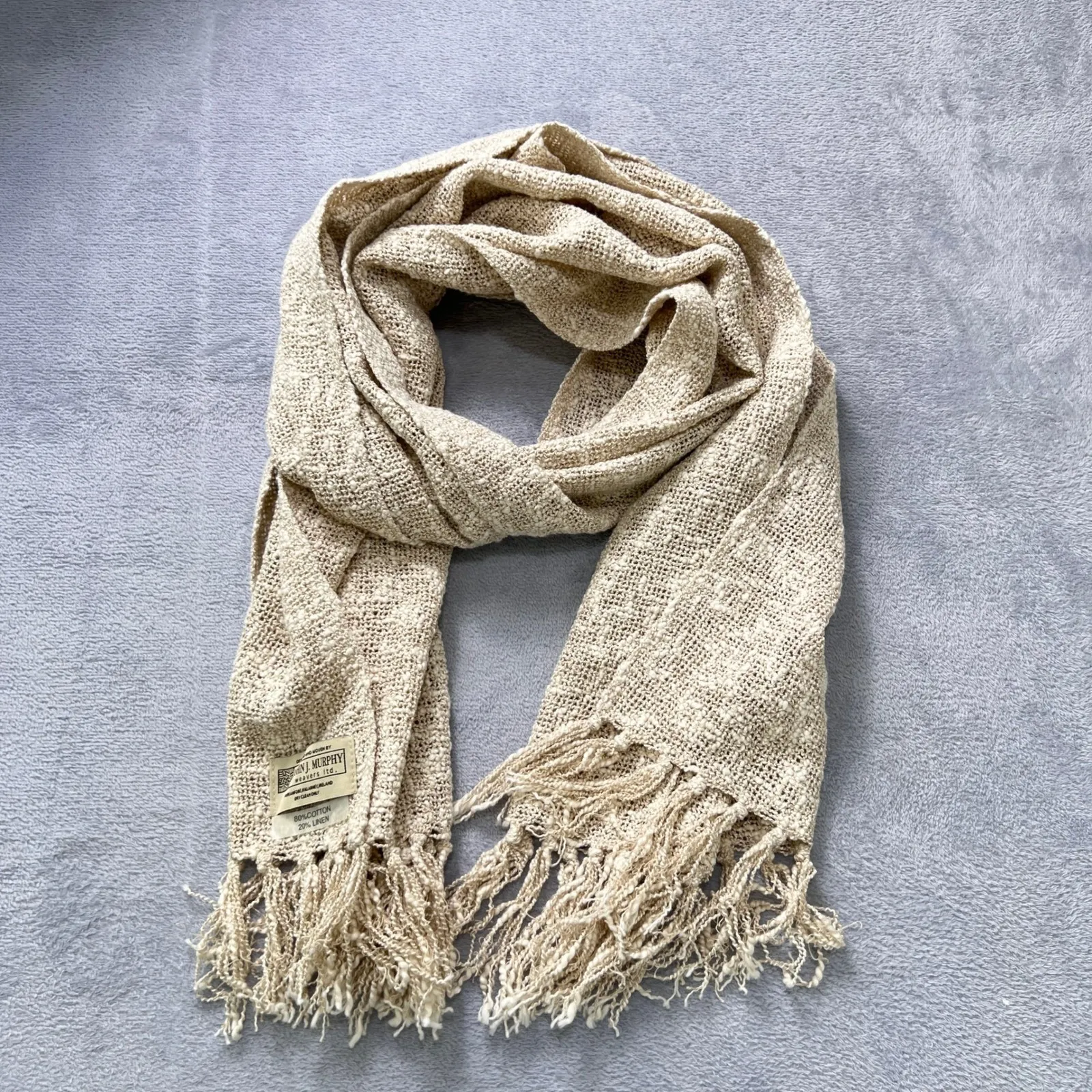 John J. Murphy Ireland Bouclé Scarf Wrap 80%Cotton 20%Linen Neutral Nubby Weave Tan - Image 5