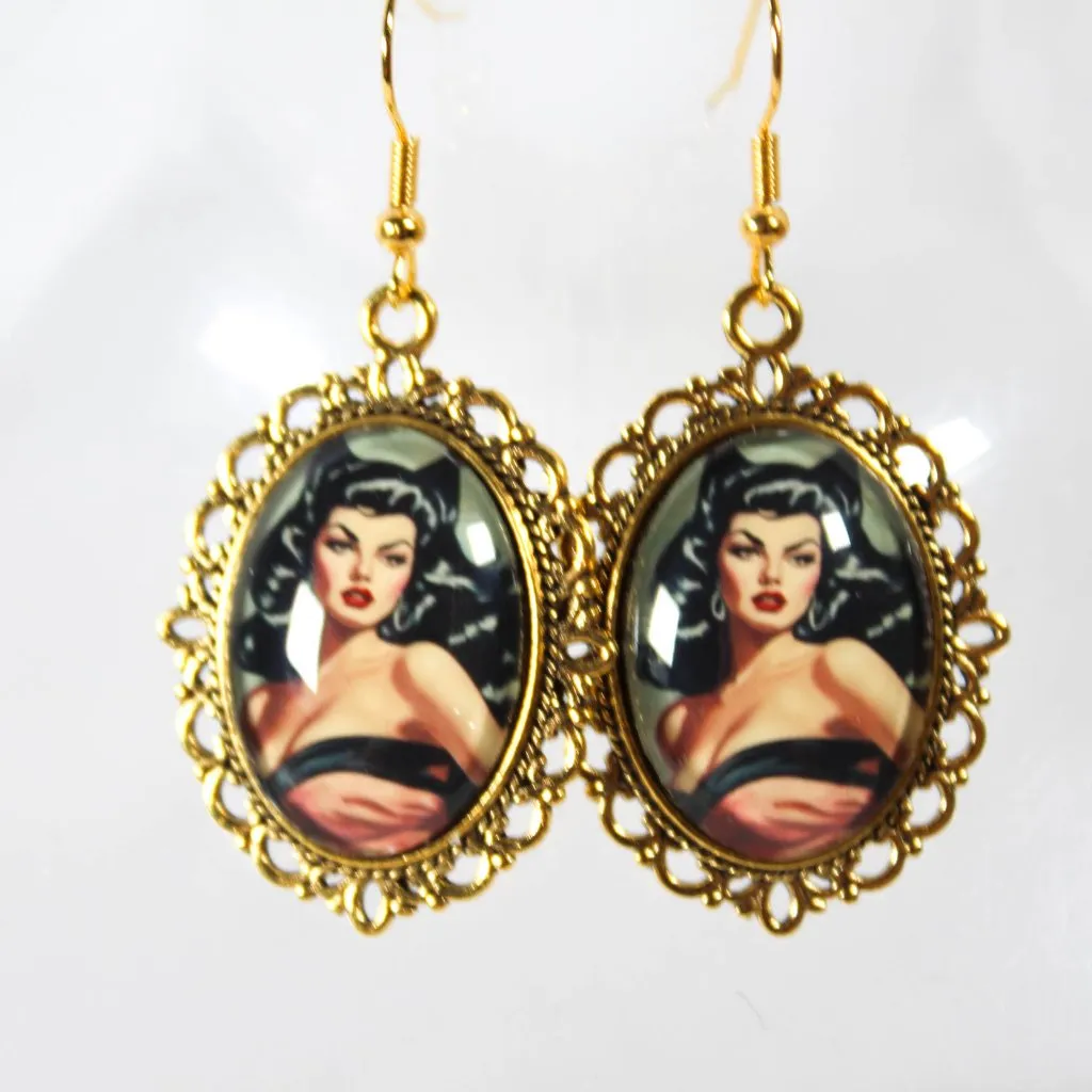 Midnight Siren Noir Pinup Cameo Earrings – Gothic 50s Catwoman Style Jewelry - Image 4