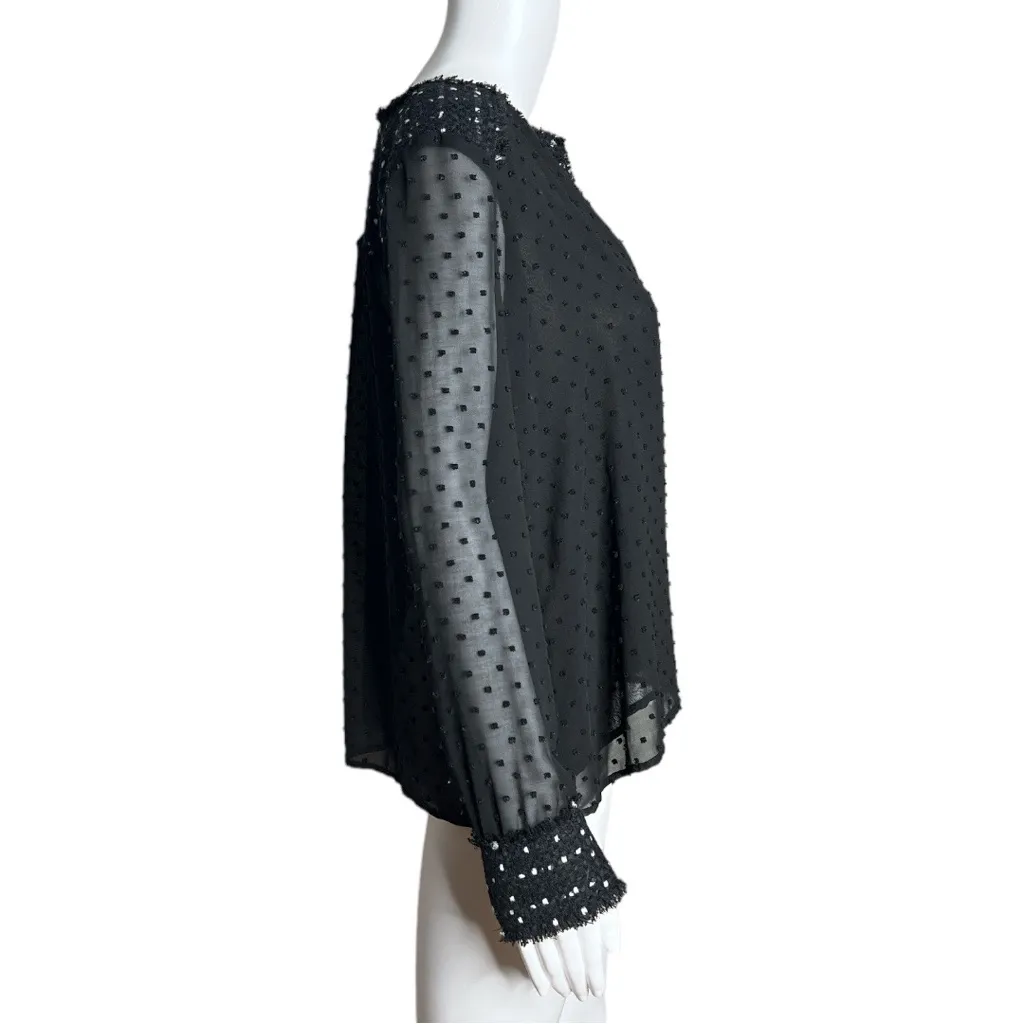 Zara Basic Swiss Dot Blouse Black‎ White Long Sleeve Sheer Split V-Neck - Image 2
