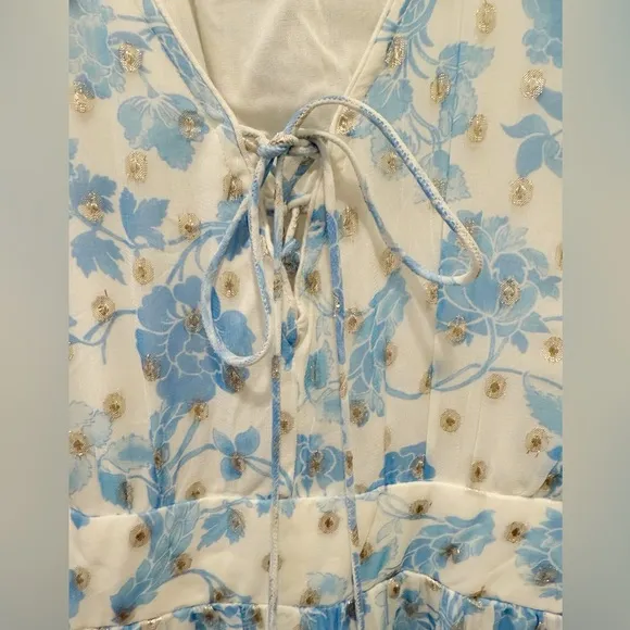 HEMANT‎ & NANDITA Calee Floral Tiered Maxi Dress Blue and White Large - Image 7