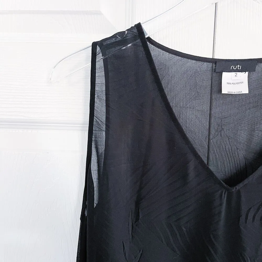 Ruti Sheer Black Tunic Tank with Lace Shark Bite Hem Size 2 - Image 2