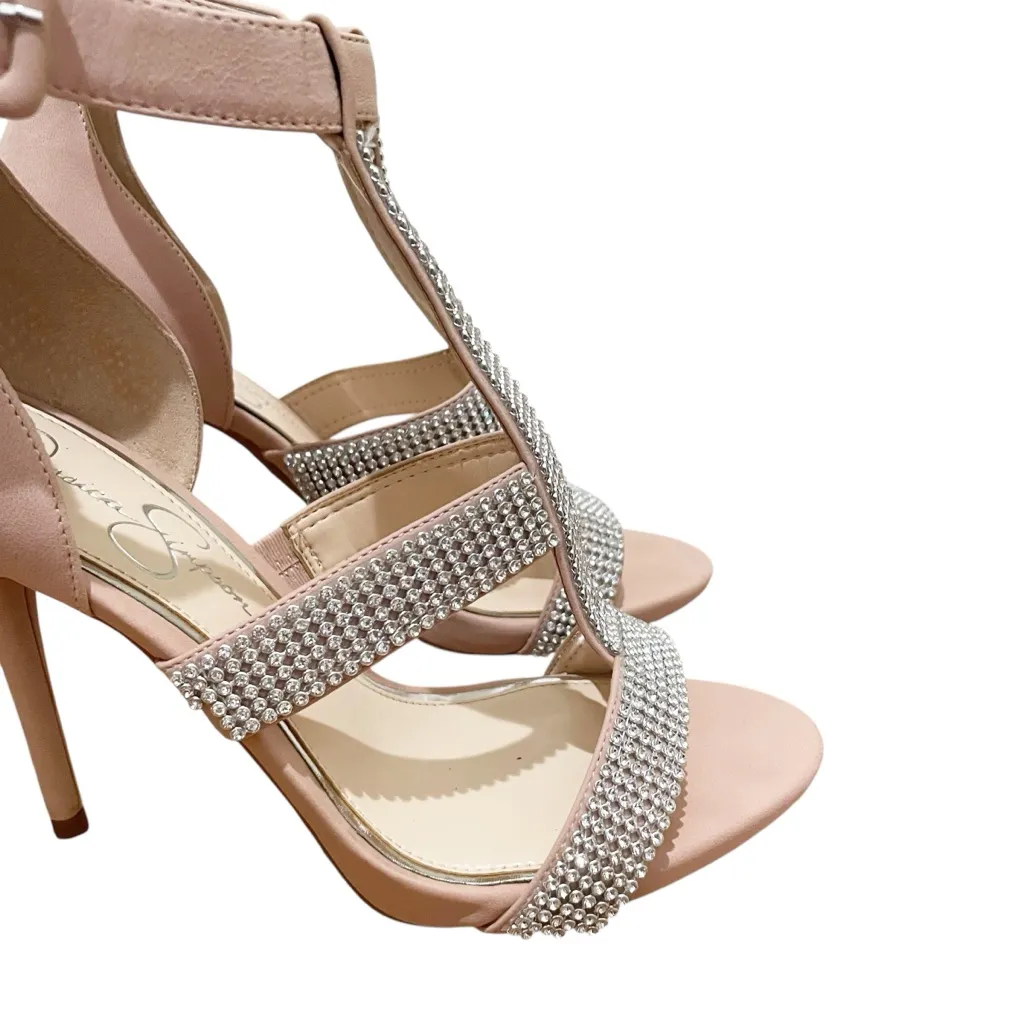 Jessica Simpson Barerra Rhinestone T Strap High Heel Sandals Nude Blush Women 9M - Image 3