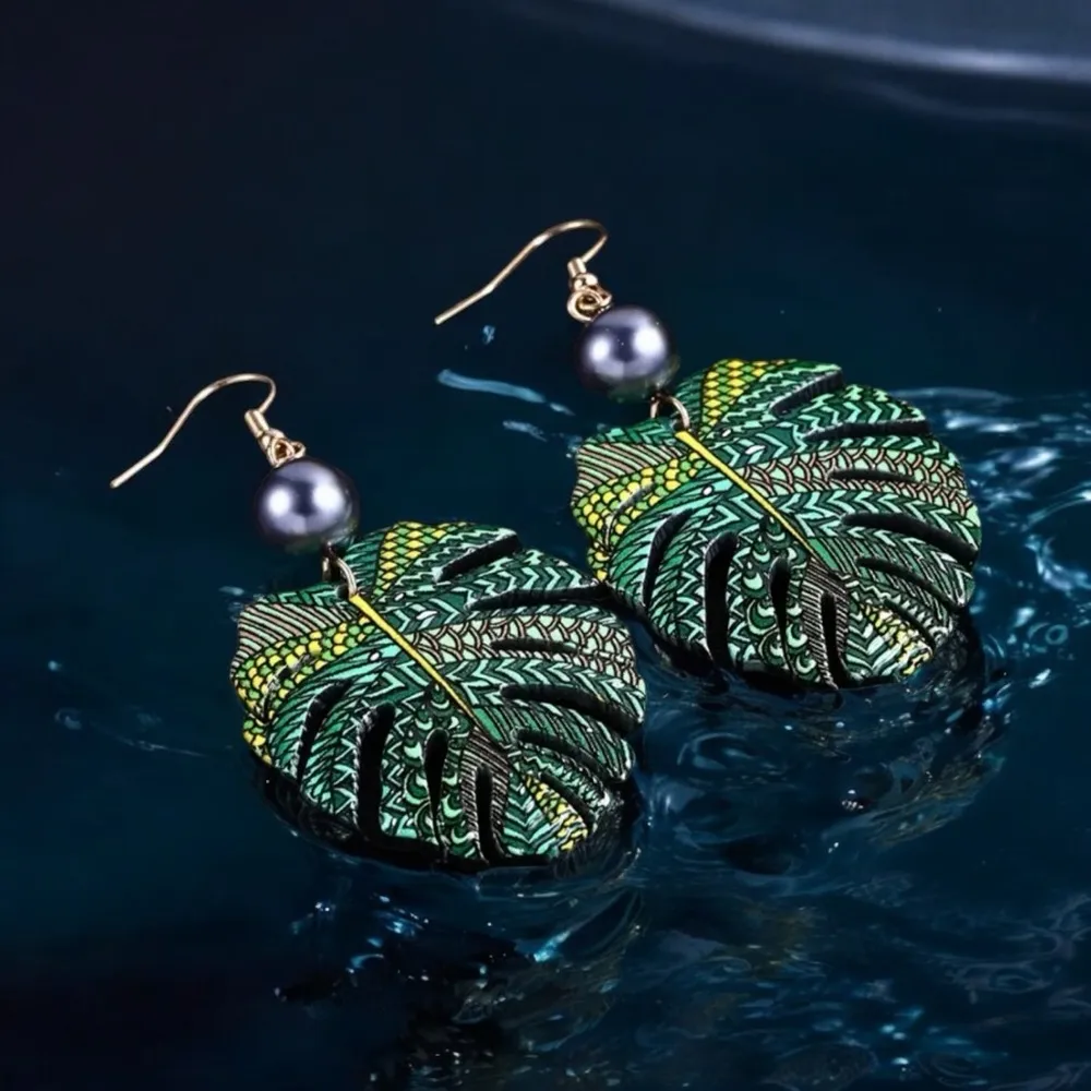 Bohemian Style Green Leaf Drop Earrings With Imitation Pearl Hollow - Image 6