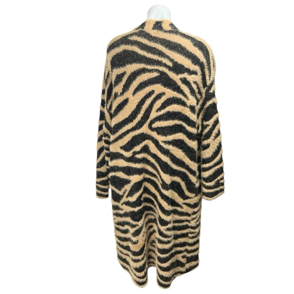 Band Of Gypsies Animal Print Faux Fur Long Sleeve Cardigan Sweater Coat Jacket L - Image 2