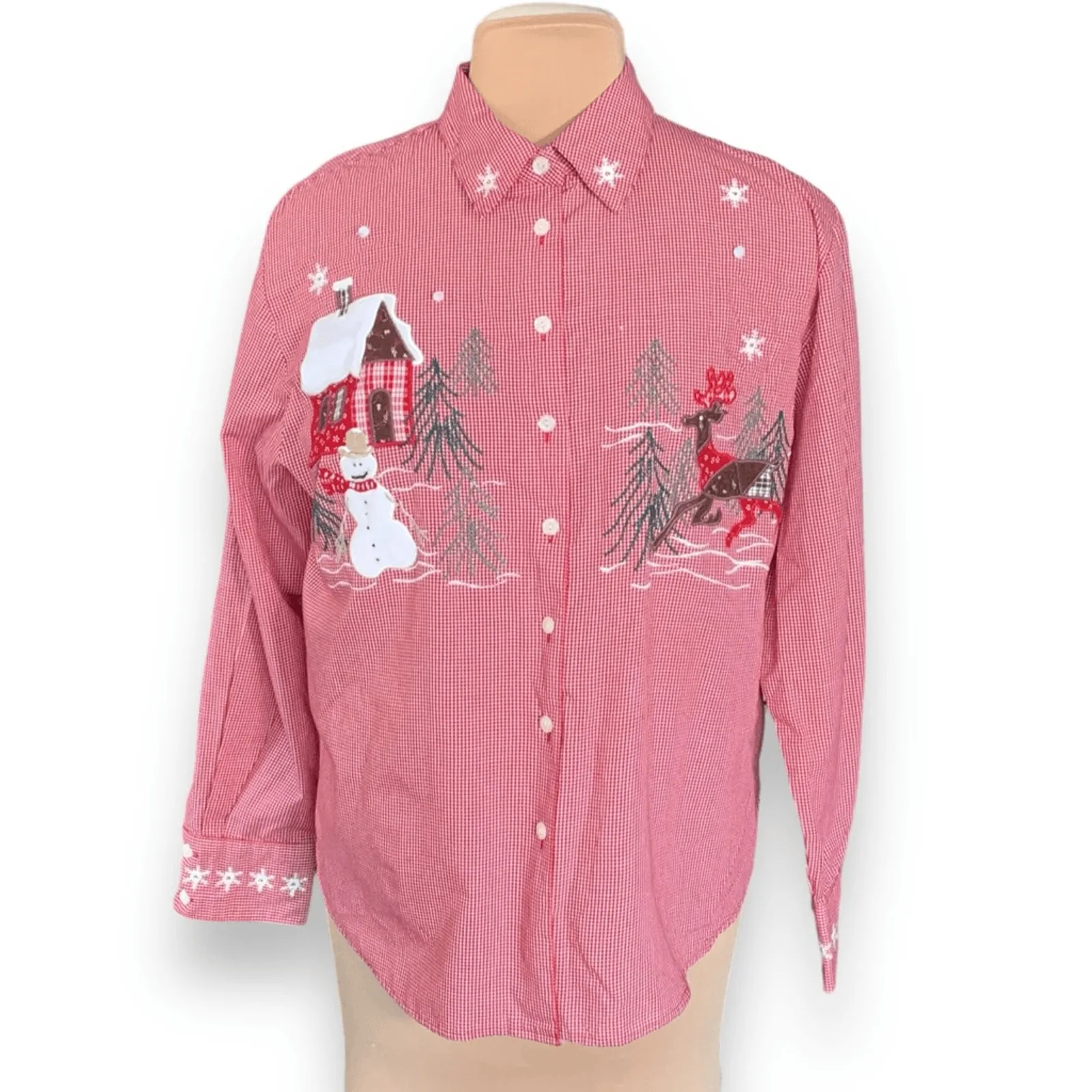 Vintage Karen Scott Red Gingham Christmas Shirt Snowman Reindeer Large Cabincore - Image 2