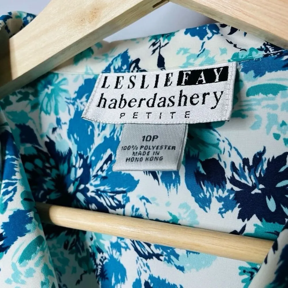 Vintage Womens Floral Dress Blouse Leslie Fay Blue White Top Shirt Size P 10 u - Image 3