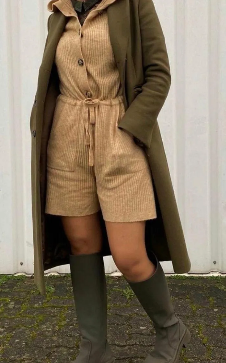 Dark Beige Hooded Knit Jumpsuit Romper - Image 6