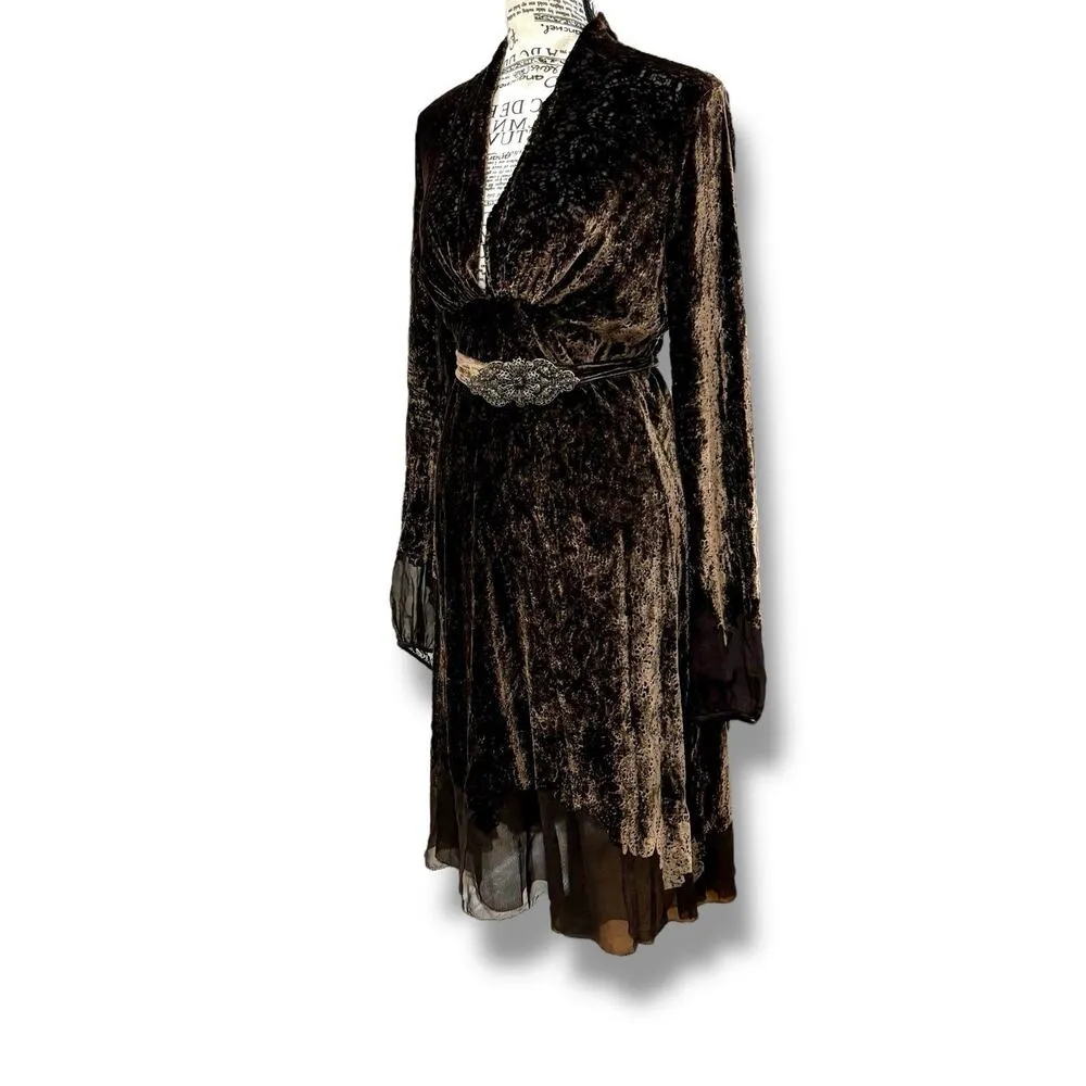 Eli Tahari Size 4 Brown Laser Cut Silk Blend Velvet Dress Fairy Whimsy Goth - Image 2