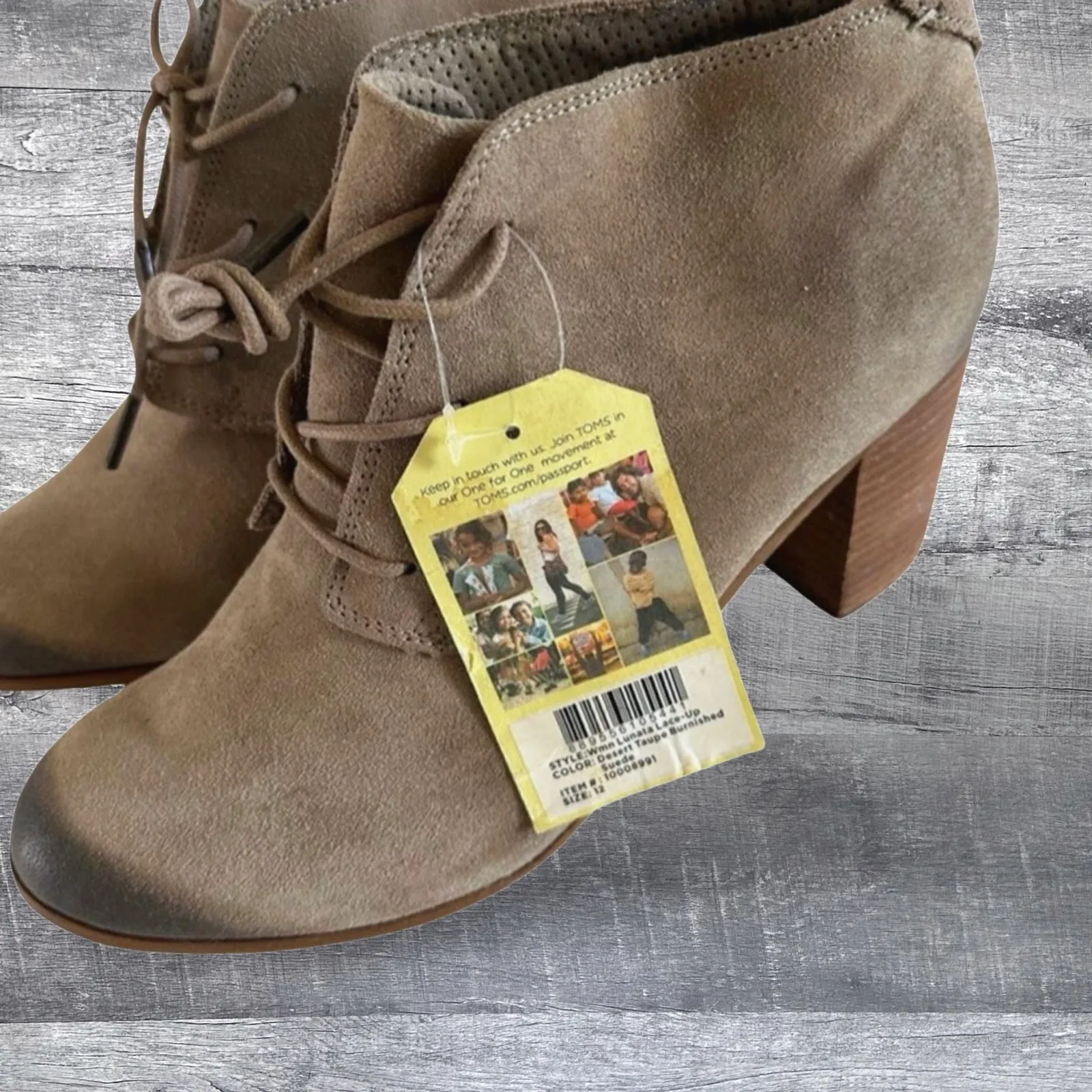 Toms NEW Lunata Lace Up Suede Bootie Womens 12 Desert Taupe Wooden Block Heel - Image 2