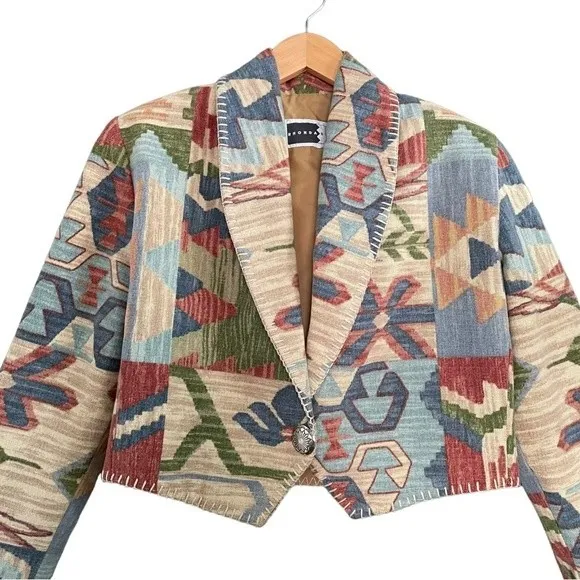 Rhonda Stark Jacket Blazer Southwest Tapestry Cropped Boho Tan Blue Size Medium Brown - Image 13