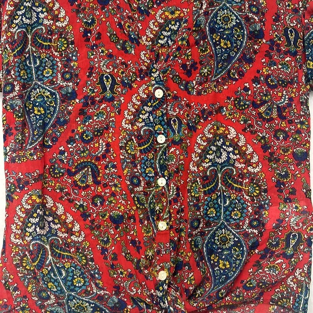 Women's Red Paisley Short Rolled Sleeve V Neck Tie Waist Top Size XS - Image 2