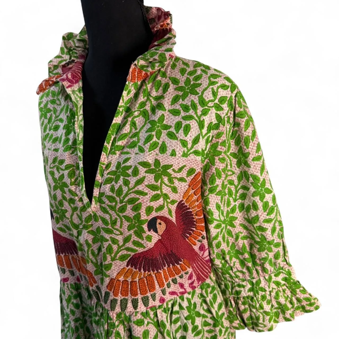 Be Boho Natural Wear Dress with Green Leaf and Parrot pattern Sz S - Image 5